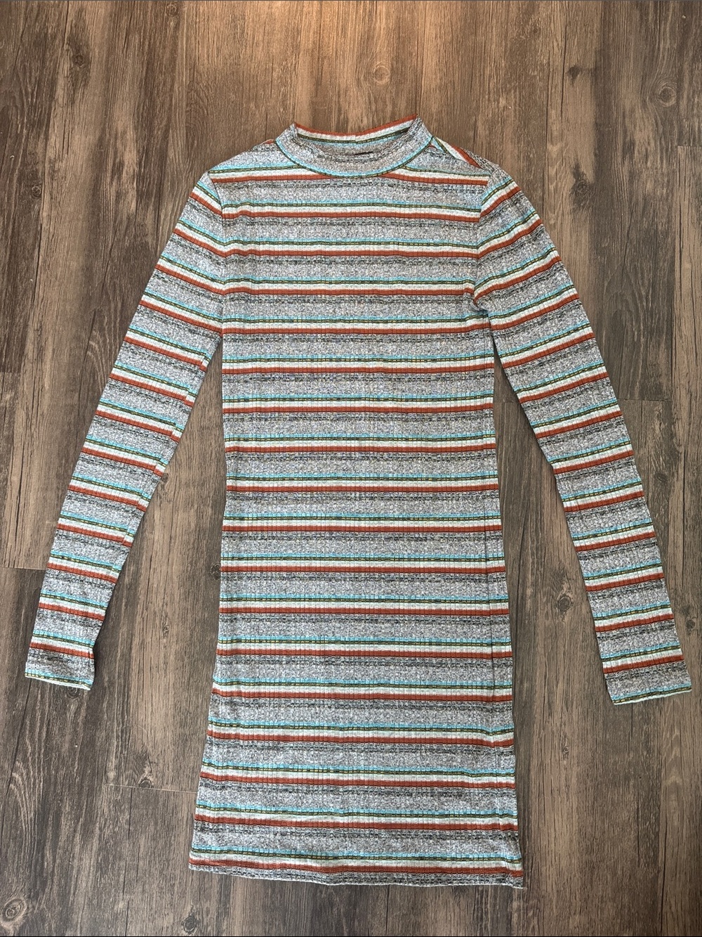 Forever 21 Striped Mock Neck Long Sleeve Dress in Light Blue and Rust